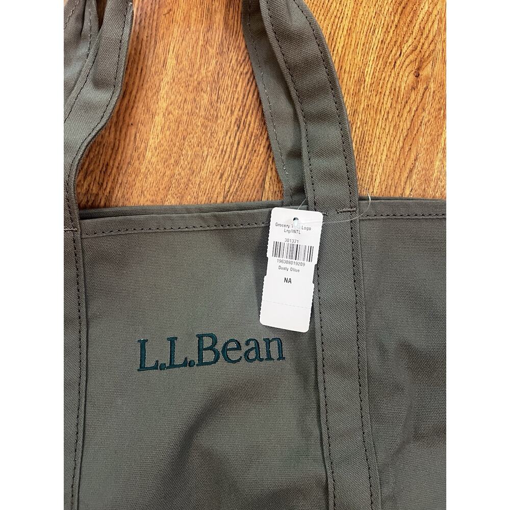 L.L.Bean Large Canvas Grocery Tote Bag Green Logo Open Top Cotton Reusable - Picture 3 of 5